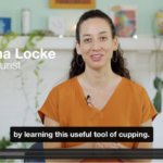 video screenshot woman in a gold shirt speaking to the camera with a title that says "Adrianna Locke licensed acupuncturist" and a caption that says "by learning the useful tool of cupping"