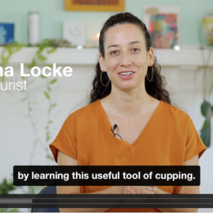 video screenshot woman in a gold shirt speaking to the camera with a title that says "Adrianna Locke licensed acupuncturist" and a caption that says "by learning the useful tool of cupping"